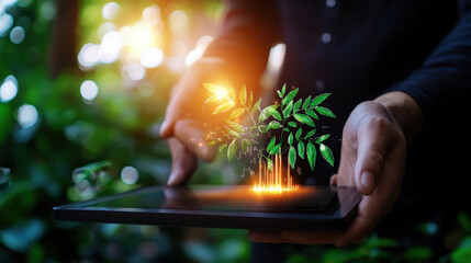 person holding tablet with digital representation of growing plant, symbolizing environmental sustainability and technology. image conveys sense of innovation and hope