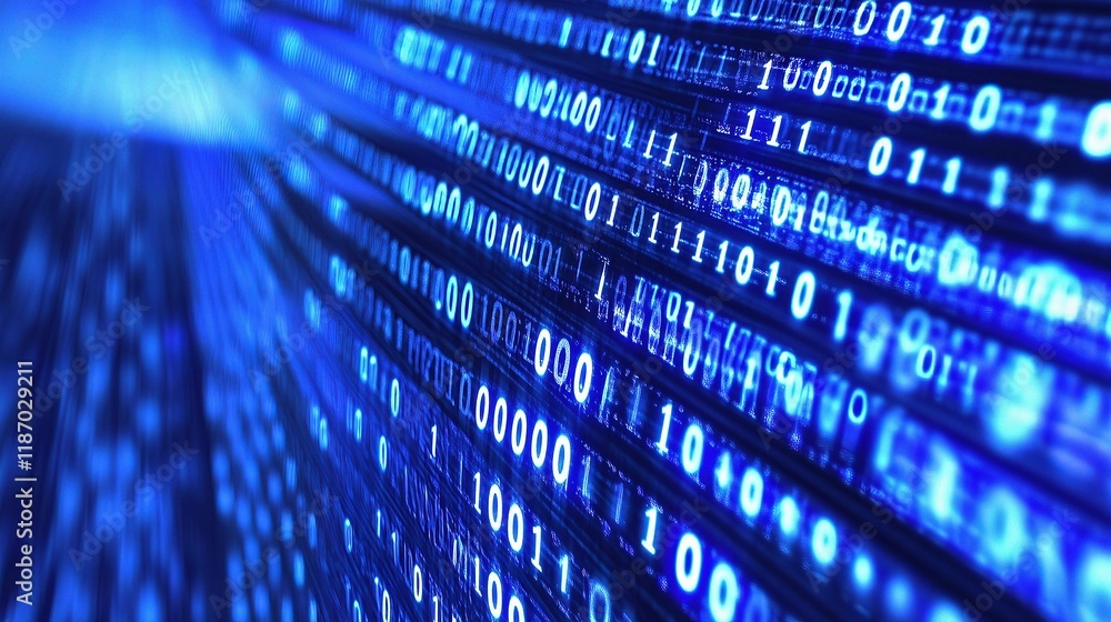 Poster abstract blue technology interface with digital lines and binary code