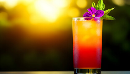 Sunset Cocktail Illustration:  Layered Drink with Flower Garnish