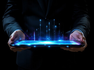 Man with futuristic digital tablet on a project