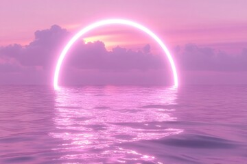 Pink Neon Archway Over Calm Ocean Sunset Dreamy Scene