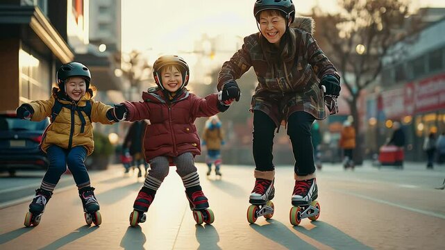 In a vibrant park, an Asian grandmother joyfully rollerskates with her two smiling grandchildren during a sunny winter afternoon. They share laughter and fun, creating lasting memories.