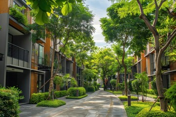 Fototapeta premium Lush green pathway lined with modern buildings and trees, creating a serene urban environment.