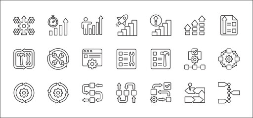 Business development improvement icon set. Contains symbol and icons of growth, progress, management, process, maintenance, increase, profit, gain, optimization, steps. Vector thin line design.