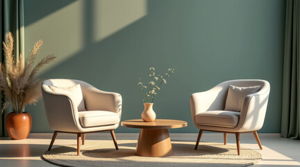 sunlit interior scene features two beige armchairs a wooden coffee table.