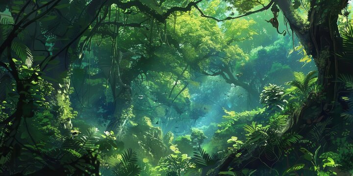 Lush, vibrant jungle scene with rich greenery and dappled sunlight filtering through the canopy.