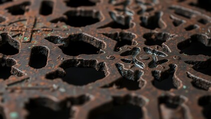 Close-up of rusty ornate metal grate.
