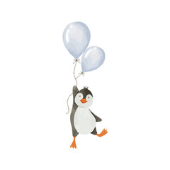 penguin holding balloons , birthday party, watercolor balloons