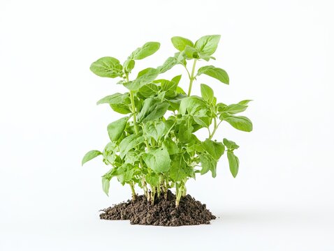 Fresh basil plant in soil against white background.