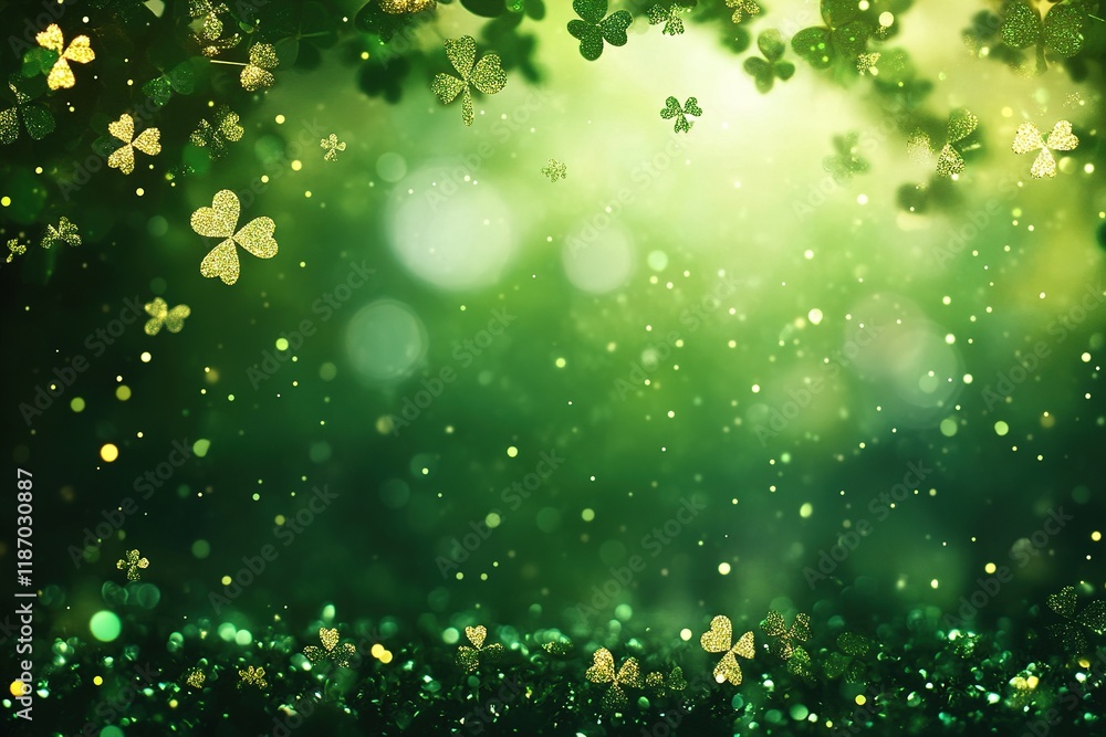 Poster elegant emerald green background adorned with shimmering gold sparkles and shamrock patterns for fes