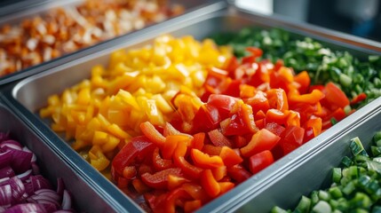 Chopped Bell Peppers And Onions In Metal Trays