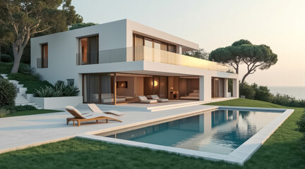 modern white hillside house with ocean view pool