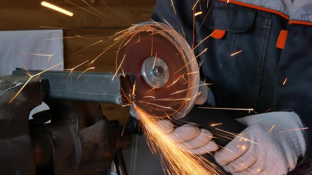 a worker cuts a steel pipe with an angle grinder