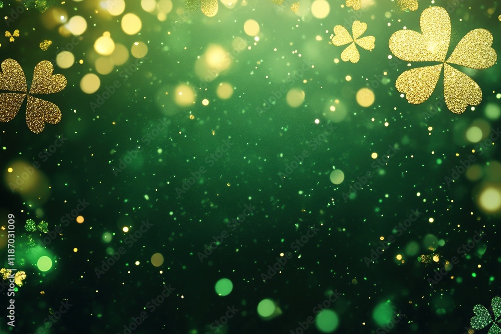 Poster elegant emerald green background enriched with shimmering gold sparkles and shamrock patterns for la