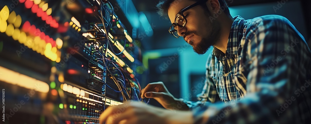Poster focused technician working on server rack, connecting cables and maintaining network infrastructure.