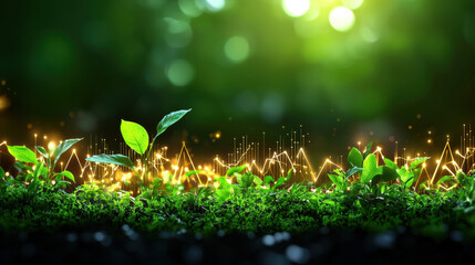vibrant green landscape featuring young plants with glowing elements representing growth and sustainability. This symbolizes green economy and environmental awareness