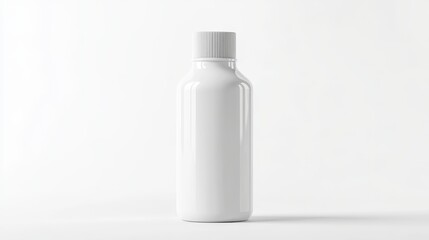 White plastic bottle, minimalist design, plain packaging, pharmaceutical style, studio lighting, soft shadows, clean background, product photography, matte finish, cylindrical shape, medical aesthetic