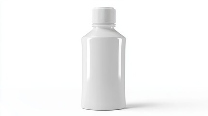 White plastic bottle, minimalist design, plain packaging, pharmaceutical style, studio lighting, soft shadows, clean background, product photography, matte finish, cylindrical shape, medical aesthetic