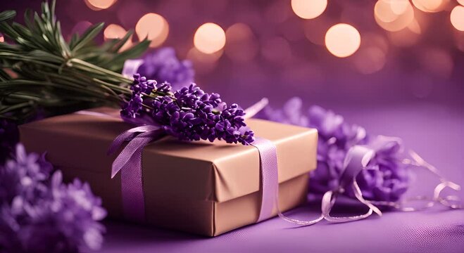 Lavender gift boxes tied with twine surrounded by purple flowers and bokeh lights creating a festive celebratory scene 4K
