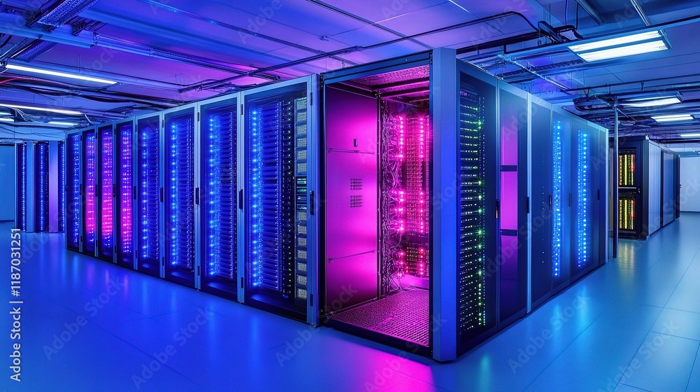 Poster sleek modern data center with colorful server racks and lighting