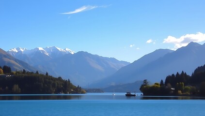 Serene lake nestled amidst majestic mountains under a clear blue sky.