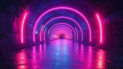 long, dark hallway is illuminated by a series of colorful neon arches