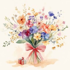 Colorful floral bouquet with gift celebration artwork bright studio aesthetic design for special occasions
