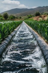 Irrigation Canal Water Flowing Through Lush Green Crops Sunny Day
