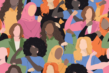 International Women's Day 2025 background. Powerful women. AccelerateAction.  Seamless pattern with different womens	