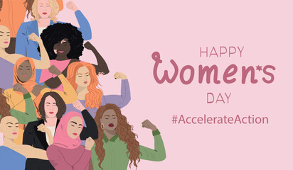 Womens Day 2025 banner. Accelerate Action. Women community showing biceps