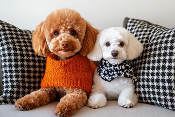 A brown poodle dog and a white Maltese puppy sitting on the sofa, orange fur around their necks, black houndstooth pattern cushions, white wall background Generative AI