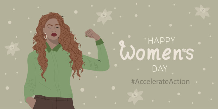 Happy Women's Day banner. African american woman showing her biceps. Holiday vector illustration