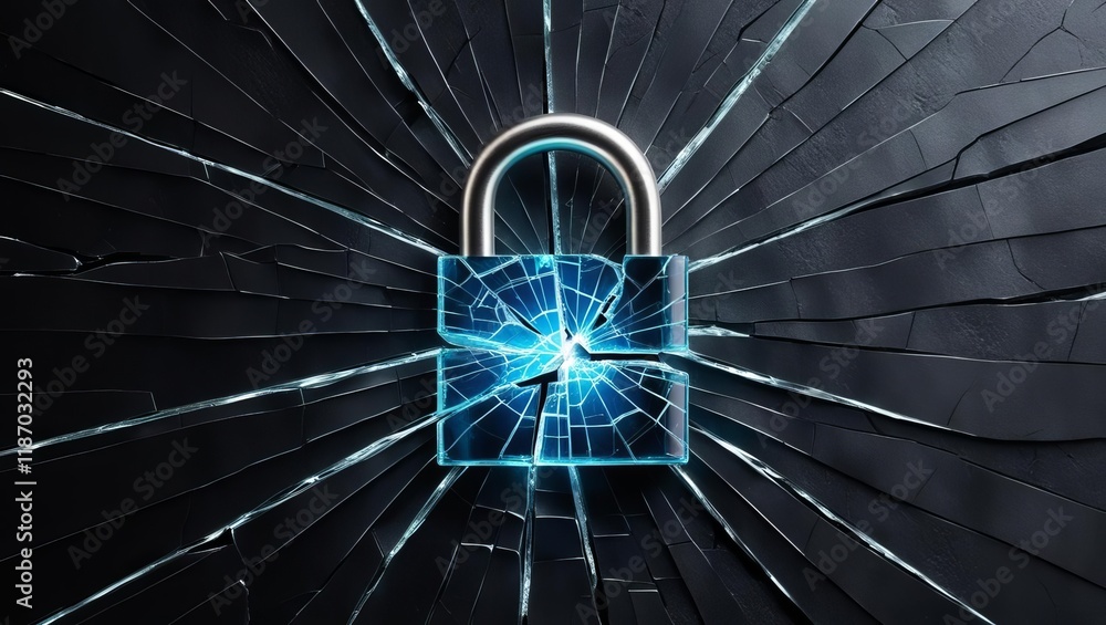 Poster a glowing padlock is depicted on a shattered surface, symbolizing security and vulnerability in a di