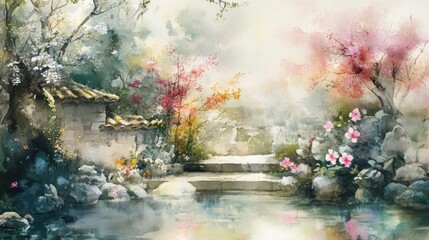 Fototapeta premium Tranquil watercolor scene depicting a serene garden nature art peaceful landscape