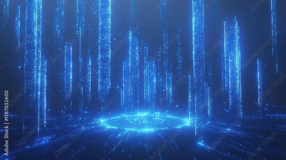 Poster blue holographic network with floating nodes and dynamic lines