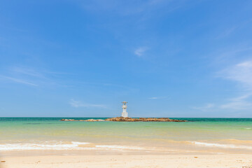 A Lighthouse on the beautiful beach with blue sky in Khao Lak, a destination of tourist in  Phang-Nga province, Southern of Thailand