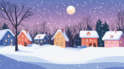 Fototapeta premium Snowy village under a serene winter night sky.
