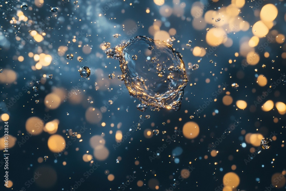 Poster viruses suspended in droplets of water create a mesmerizing visual display in a dynamic aquatic envi