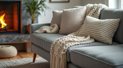 cozy gray sofa with knitted throws pillows
