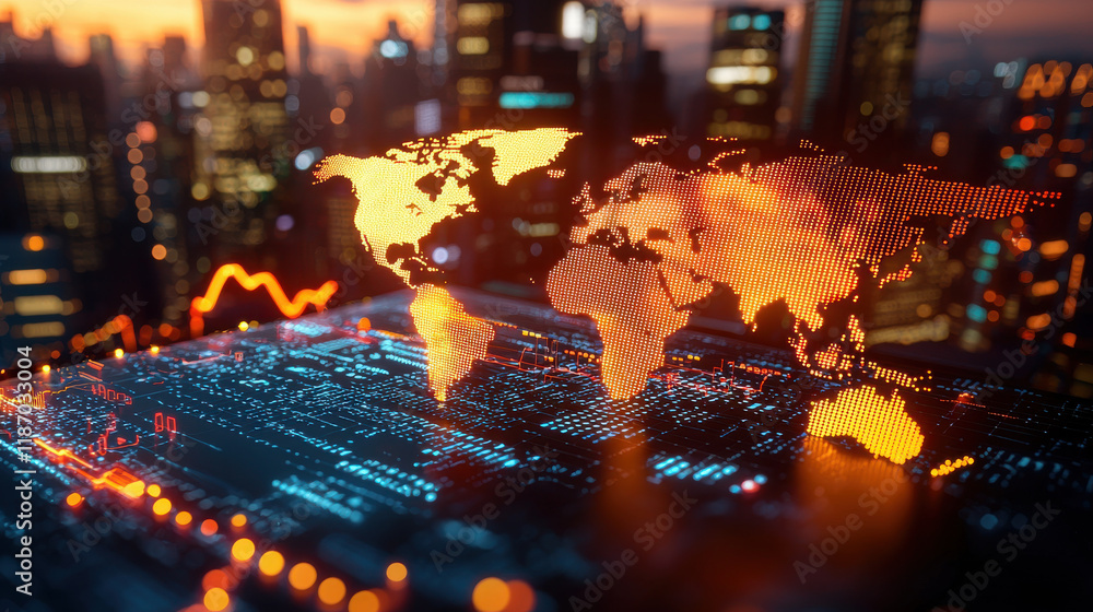 Poster digital world map showcasing capital flow against city skyline, illuminated by orange lights. vibran