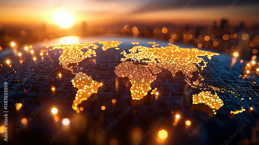 Poster digital world map illuminated by glowing lights, showcasing global connections and capital flow. sun