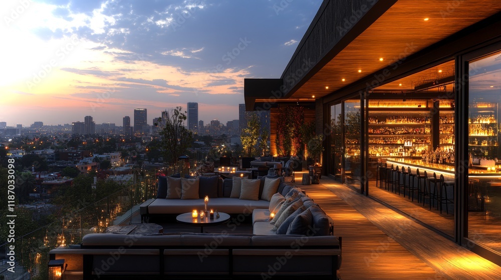 Poster a stylish rooftop lounge offers a breathtaking sunset view of the city skyline. cozy seating areas w