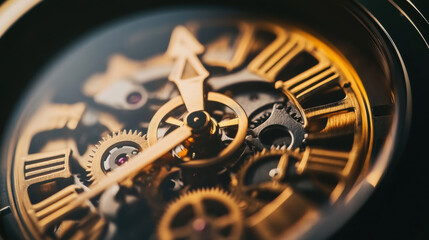 Close up of mechanical watch with intricate golden gears