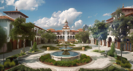 Obraz premium Palace of Arts surrounded by a park with historic architecture and lush gardens in a European city