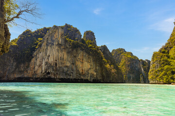 A silent Pileh Lagoon without boat inside, a beautiful crystal clear water during sunny day with clear sky. Pileh Lagoon is a popular for tourist in Phi Phi National Park, Krabi, Southern of Thailand`