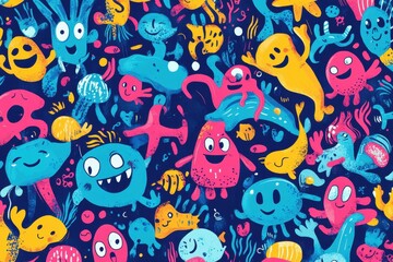 Fototapeta premium Colorful Friendly Monsters Populate Vibrant Ocean Scene