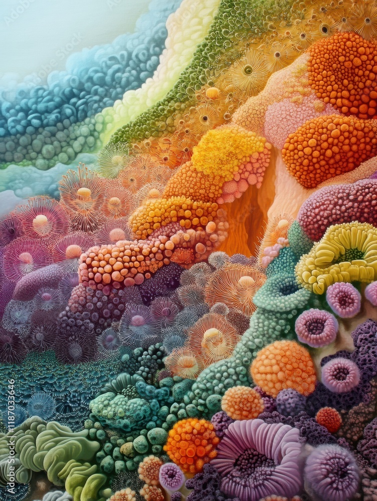 Poster bacteria forms and textures create a vibrant and colorful landscape in microscopic view showcasing n