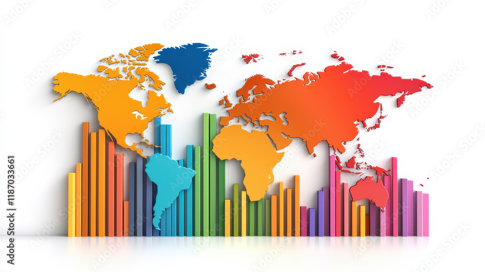Poster colorful world map with vibrant bar graphs representing economic data analysis. This digital illustration showcases global trends and statistics in visually appealing manner