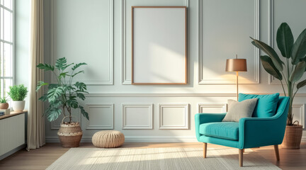 teal armchair a sunlit room with plants a blank frame