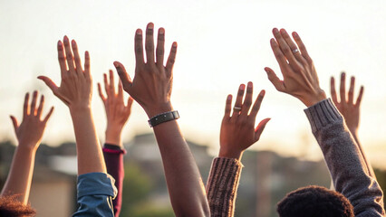 Hands raised in celebration or unity against sunset backdrop, showcasing diverse skin tones and expressions of joy. This image captures moment of togetherness and hope